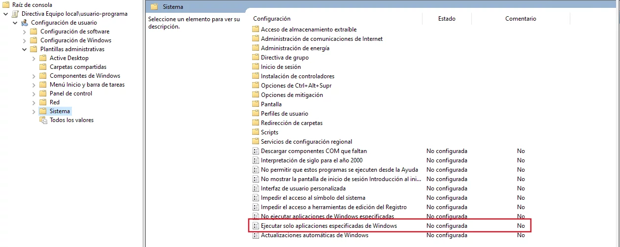 Configurar política Ejecutar solo aplicaciones especificas de Windows 01