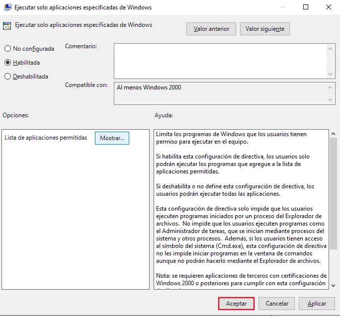 Configurar política Ejecutar solo aplicaciones especificas de Windows 04